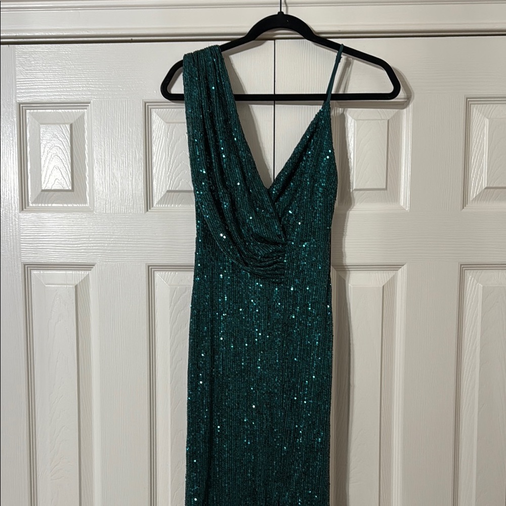 Fashion Nova Teal Sequin Asymmetrical Dress